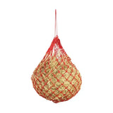 Red woven hy equestrian slow flow mini haynet with hanging loop filled with golden brown straw for lib forage controlled feeding