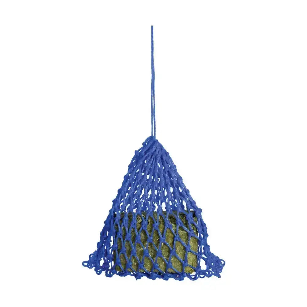 Blue knitted mesh equestrian slow flow snack haynet filled with green foil wrapped forage blocks