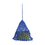 Blue knitted mesh equestrian slow flow snack haynet filled with green foil wrapped forage blocks