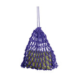 Purple knitted mesh equestrian slow flow snack haynet holding green textured forage block for slow feeding