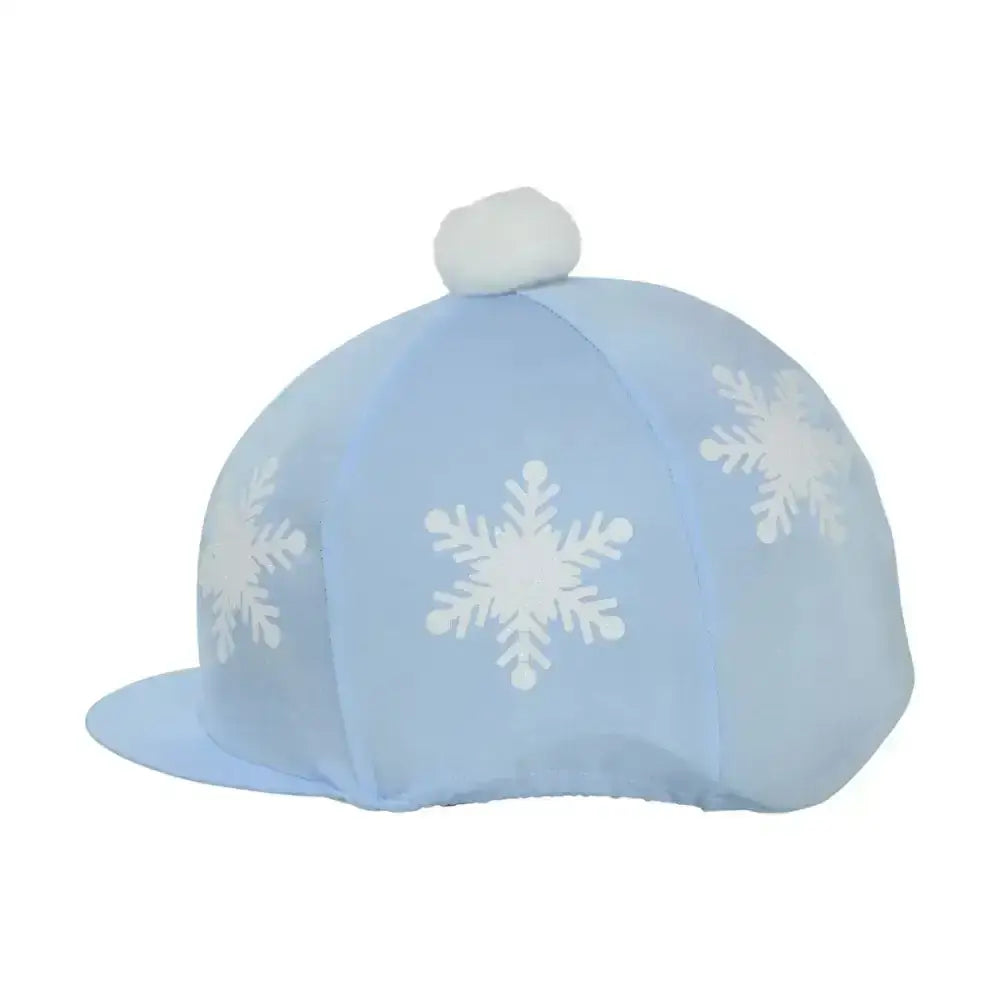Light blue hy equestrian snowflake pom pom hat cover with white snowflake patterns and fluffy white pom pom