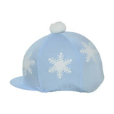 Light blue hy equestrian snowflake pom pom hat cover with white snowflake patterns and fluffy white pom pom