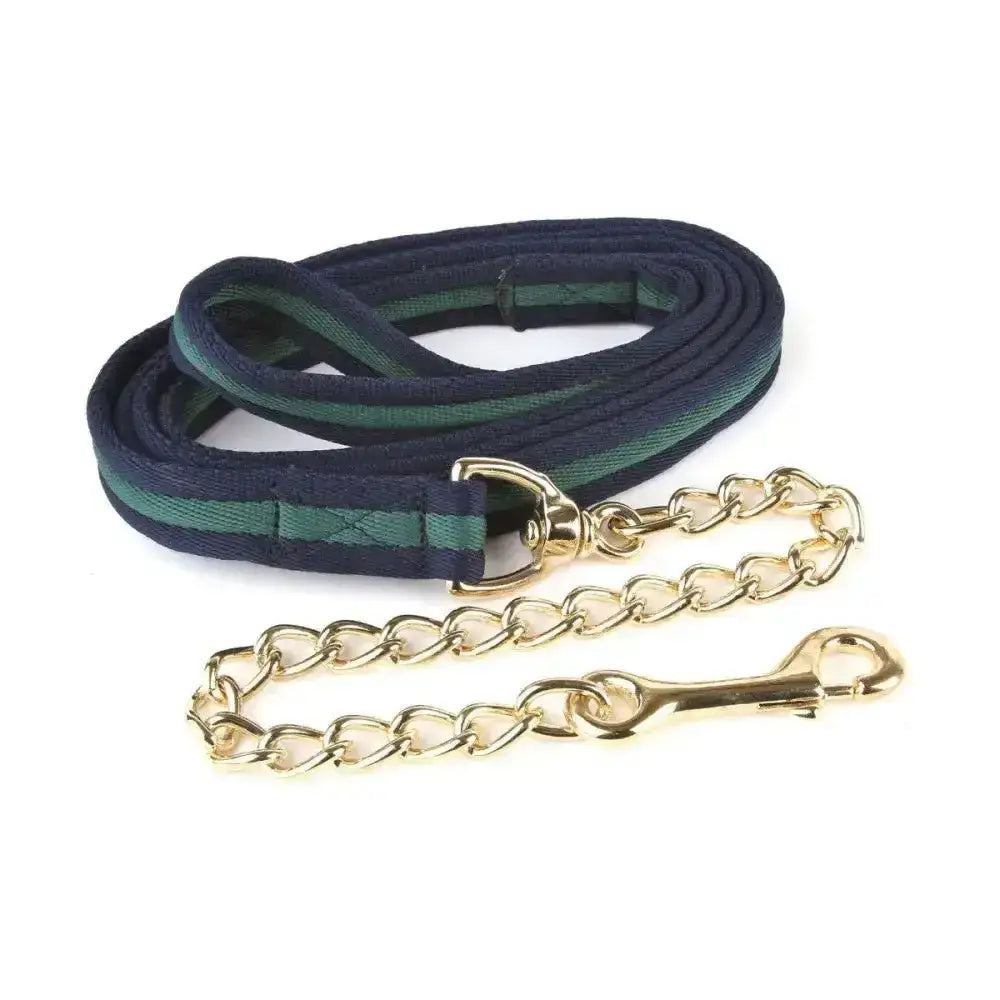 Navy and green striped hy equestrian soft webbing lead with gold chain attachment for easy control