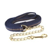 Navy blue woven soft webbing lead with gold-toned chain and buckle for equestrian use from hy equestrian