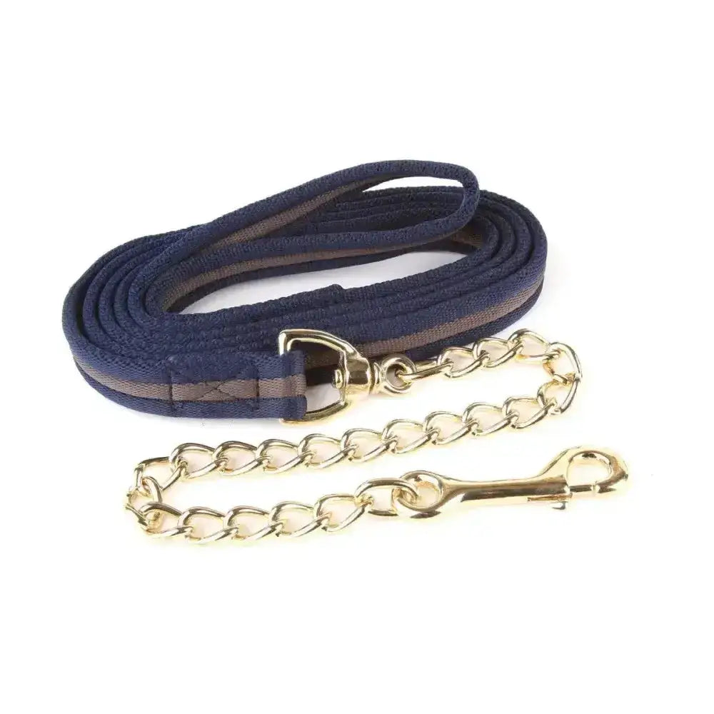 Navy blue soft webbing lead with gold-toned chain and buckle in hy equestrian soft webbing lead rein