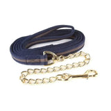 Navy blue soft webbing lead with gold-toned chain and buckle in hy equestrian soft webbing lead rein