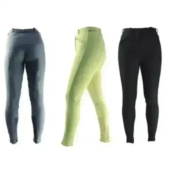 Three pairs of hy equestrian softshell ladies winter breeches in dark gray pale green and black water resistant fabric