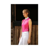 A vibrant pink hy equestrian sophia sleeveless show shirt with crystal press studs and silk trim detailing