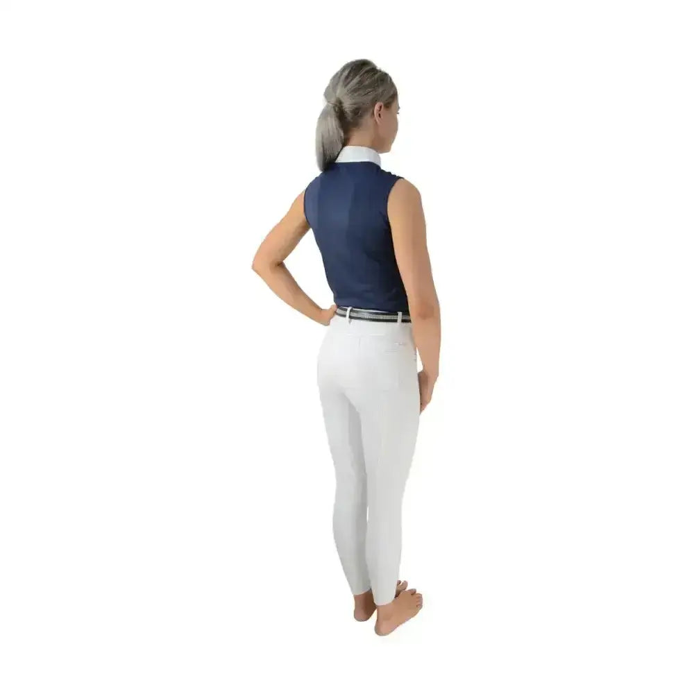 Navy blue hy equestrian sophia sleeveless show shirt with white collar five crystal press buttons and silk trim detailing