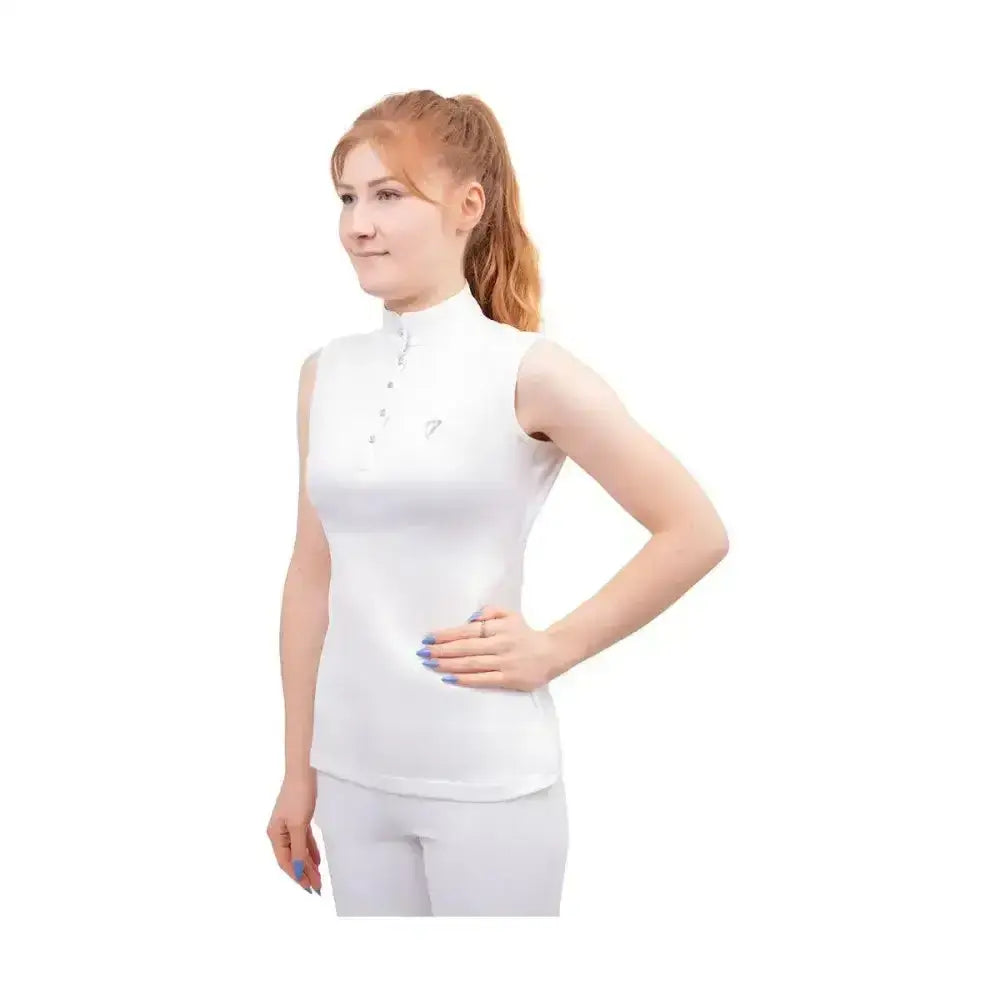 White sleeveless polo shirt with crystal press studs and silk trim detailing from hy equestrian sophia sleeveless line