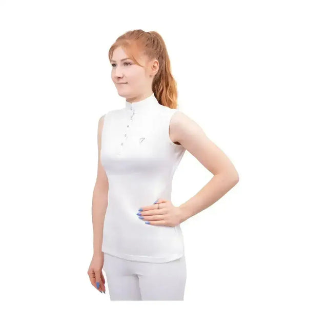 White sleeveless polo shirt with crystal press studs and silk trim detailing from hy equestrian sophia sleeveless line