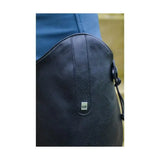 Black leather guard with small silver hy tag on the back of elegant long equestrian sorrento field riding boots