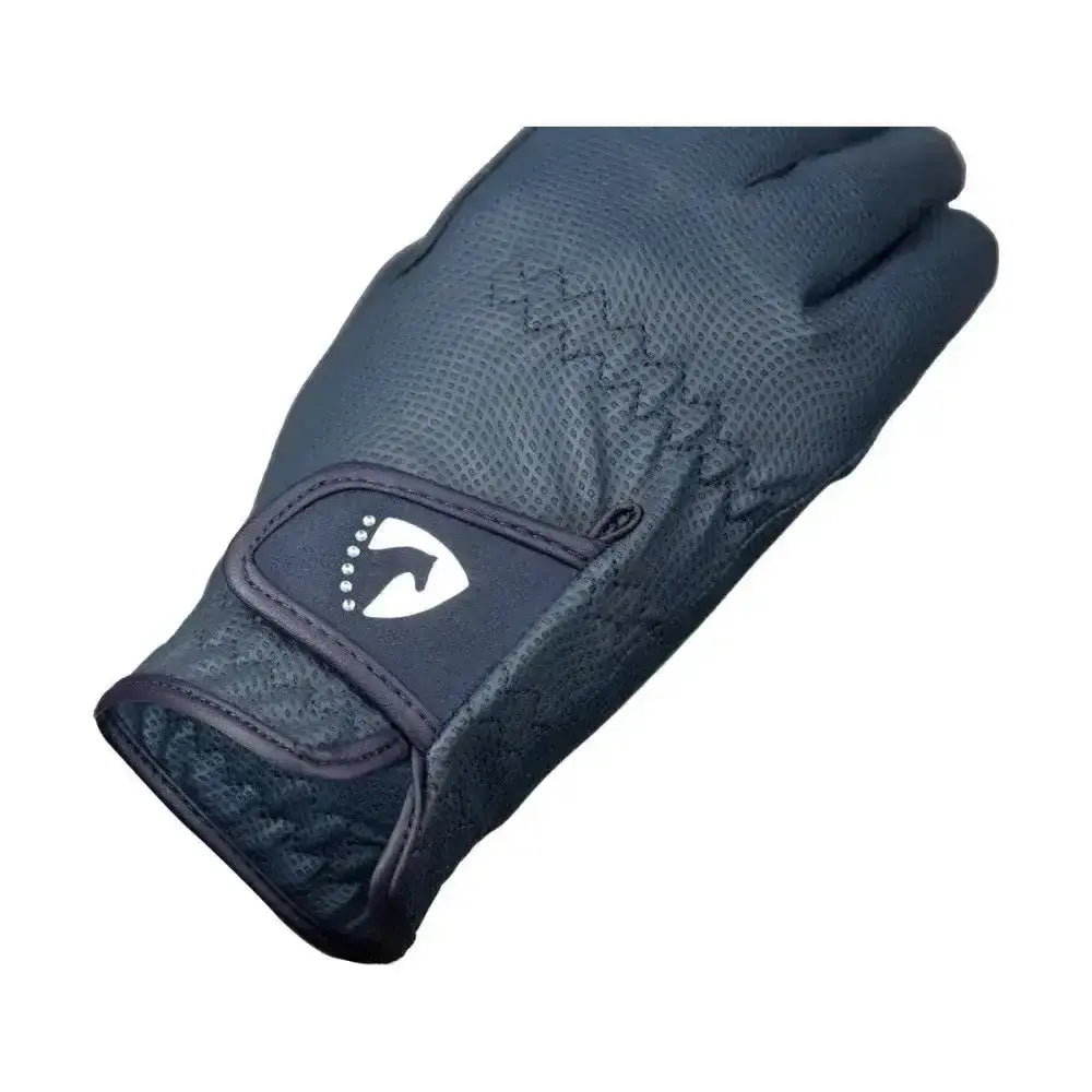 Black equestrian sparkle touch glove showing back with textured mesh upper and synthetic pu material wrist strap