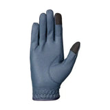 Blue hy equestrian sparkle touch riding gloves with synthetic pu material and black touchscreen fingertips shown from back