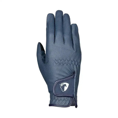 Dark blue hy equestrian sparkle touch riding gloves made of synthetic pu material with textured fabric and white logo on wrist strap