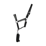 Black leather sparkling head collar with silver hardware and braided black lead rope set for equestrian use