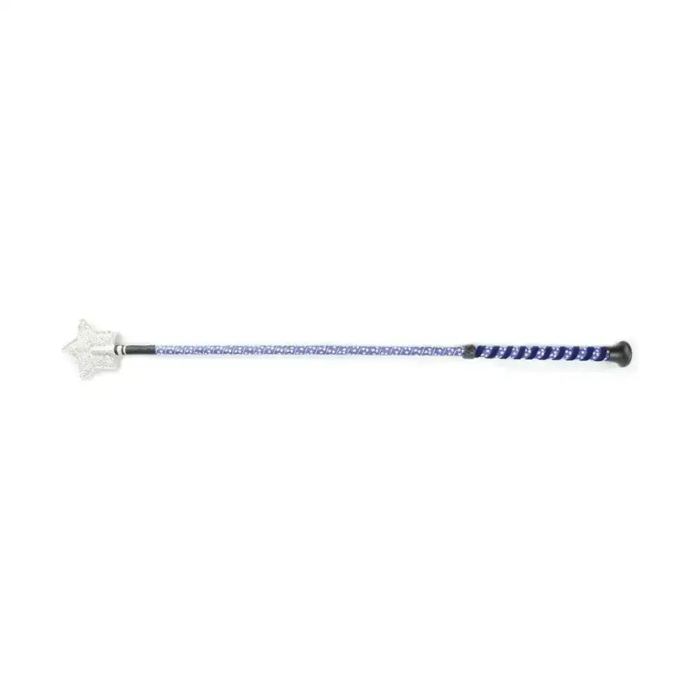 A blue and white equestrian spiral star riding whip with a clear star-shaped handle for horse riding use