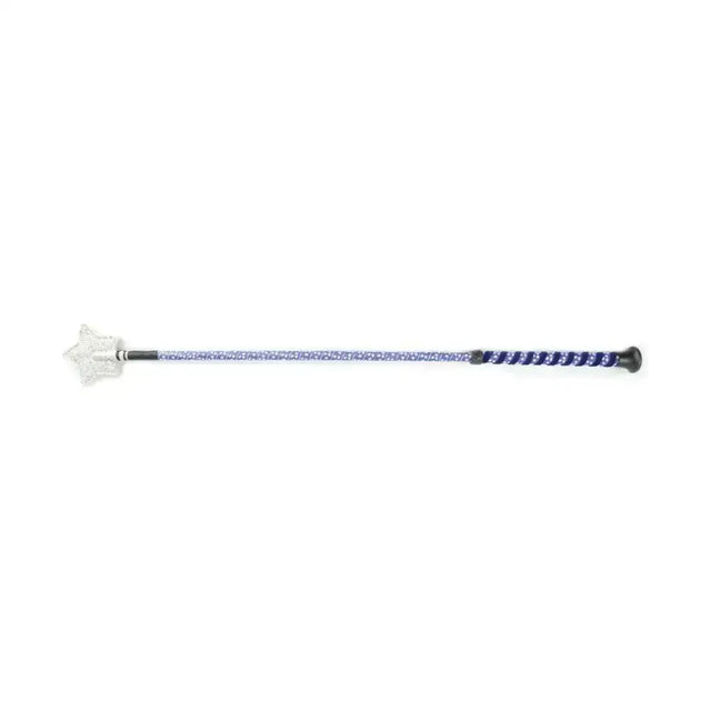 A blue and white equestrian spiral star riding whip with a clear star-shaped handle for horse riding use