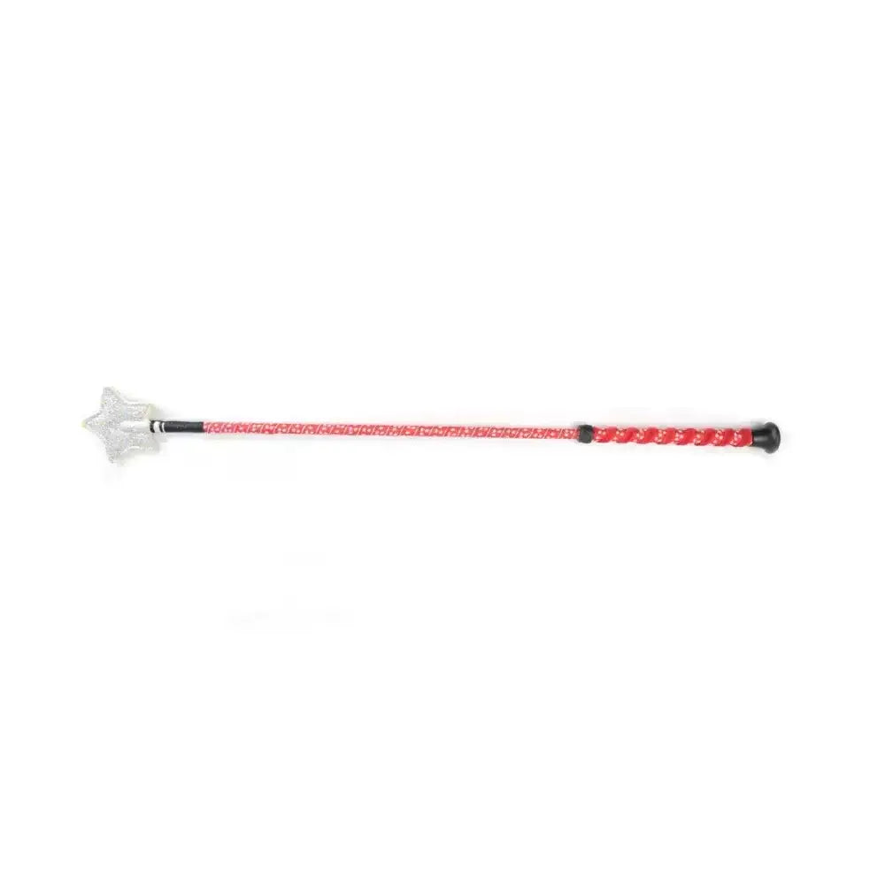 Red and black patterned equestrian spiral star riding whip with a clear star-shaped head for riding use