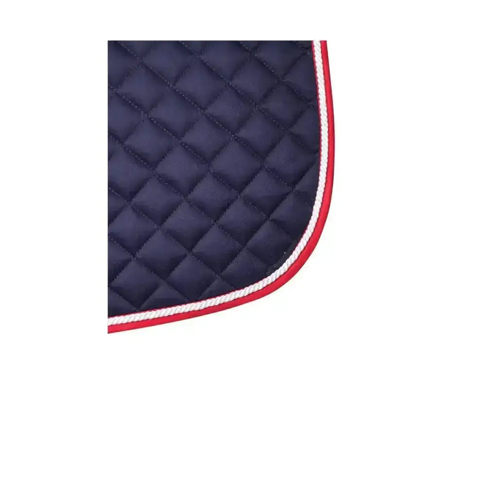 Navy blue quilted hy equestrian splendid showjump saddle pad with red and white stitched border, fashionable saddle pad