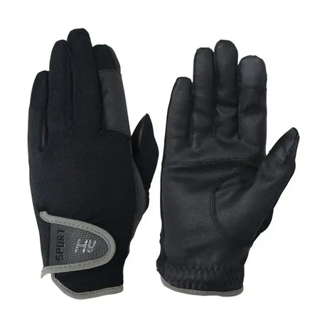 Black and gray hy equestrian sport dynamic lightweight riding gloves with textured palm and adjustable wrist strap