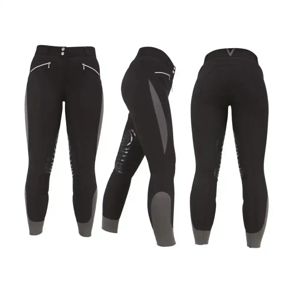 Black and gray hy equestrian sports active ladies breeches with reflective side panels for equestrian athletes