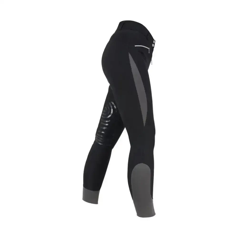 Black hy equestrian sports active ladies breeches with gray accents and reinforced knee patches for equestrian athletes