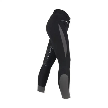 Black hy equestrian sports active ladies breeches with gray accents and reinforced knee patches for equestrian athletes