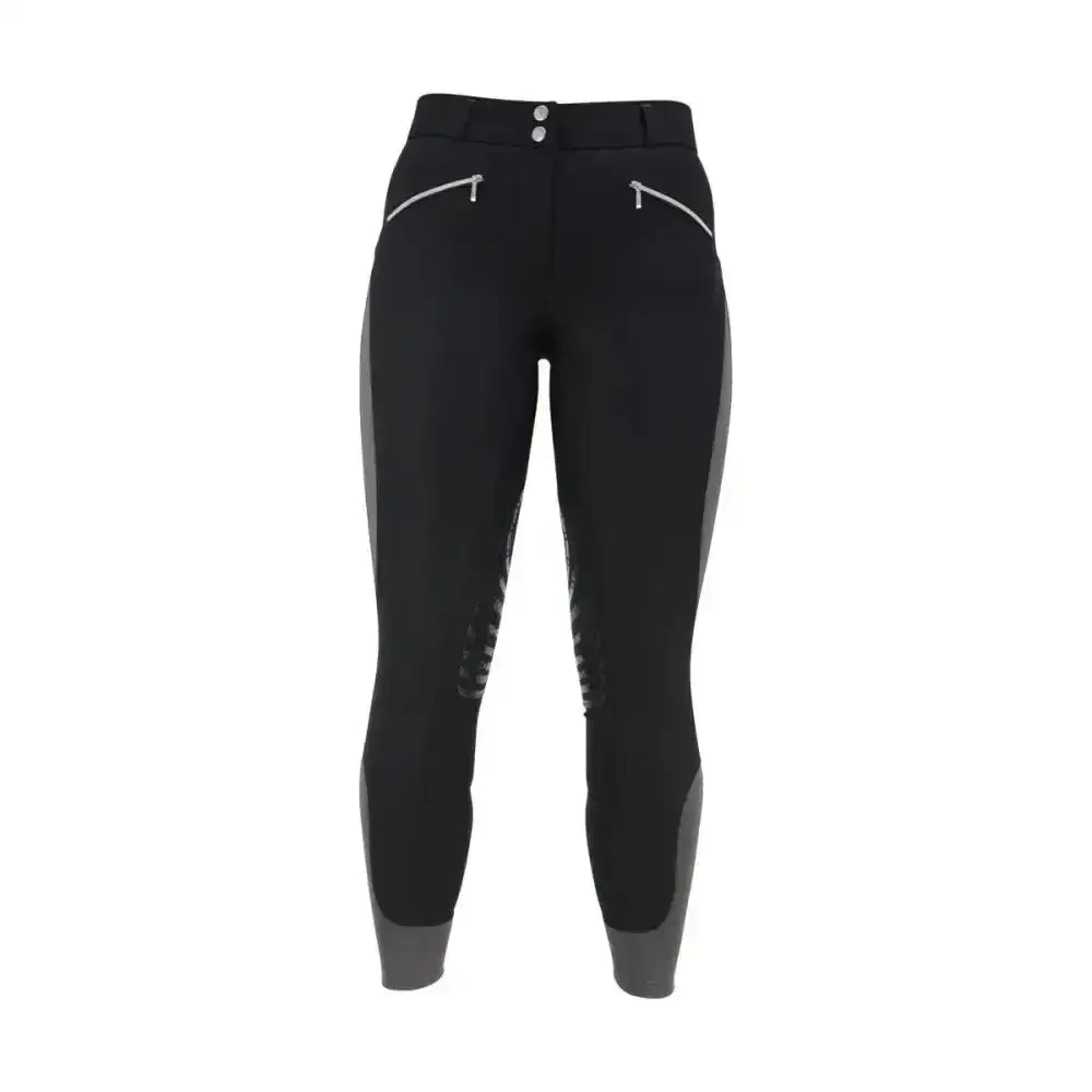 Black hy equestrian sports active ladies breeches with gray side panels and silver front pocket zippers for equestrian athletes