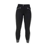Black hy equestrian sports active ladies breeches with gray side panels and silver front pocket zippers for equestrian athletes
