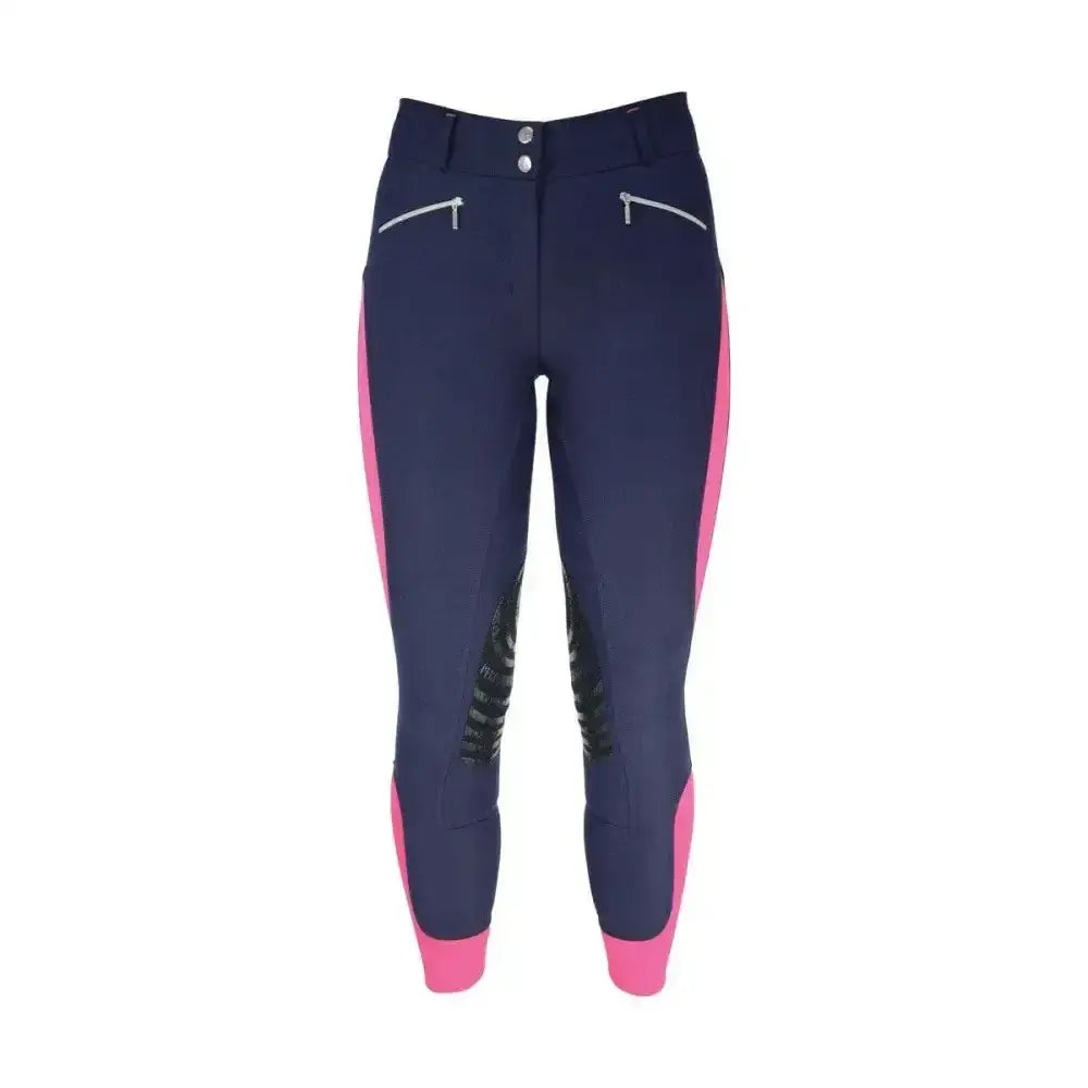 Navy blue hy equestrian sports active ladies breeches with pink side panels and black knee patches for equestrian athletes
