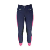 Navy blue hy equestrian sports active ladies breeches with pink side panels and black knee patches for equestrian athletes