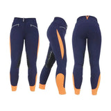 Navy blue hy equestrian sports active ladies breeches with orange side panels and reinforced knee patches for athletes