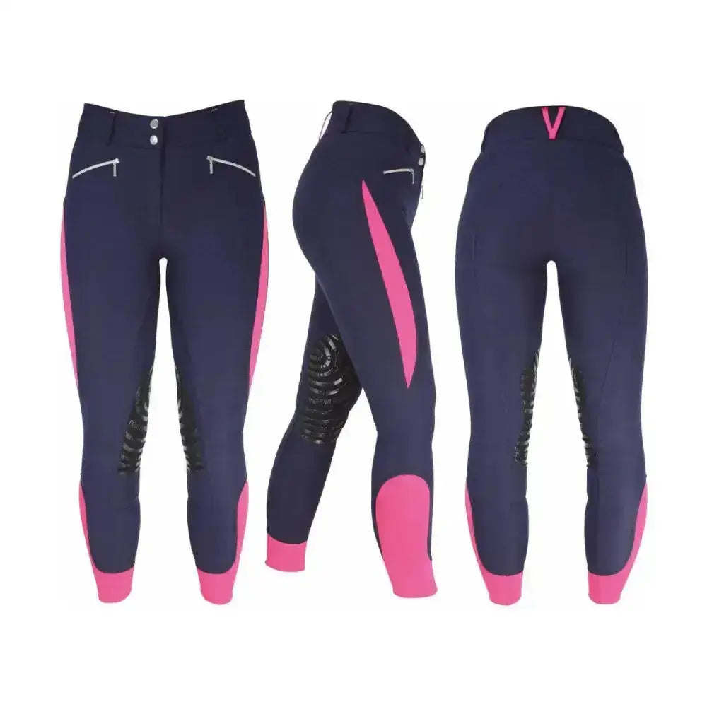 Navy blue hy equestrian sports active ladies breeches with pink side panels and black rubberized knee and ankle reinforcements
