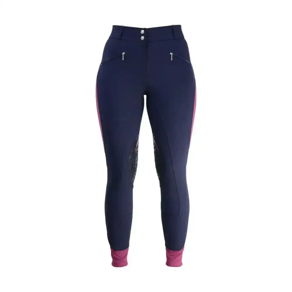 Navy blue equestrian sports active ladies breeches with pink side panels high waist silver buttons for equestrian athletes