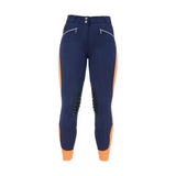 Navy blue and orange hy equestrian sports active ladies breeches with black grip panels for an equestrian athlete