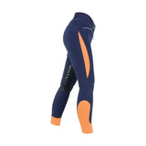 Navy blue and orange hy equestrian sports active ladies breeches with black knee grip panels for equestrian athletes