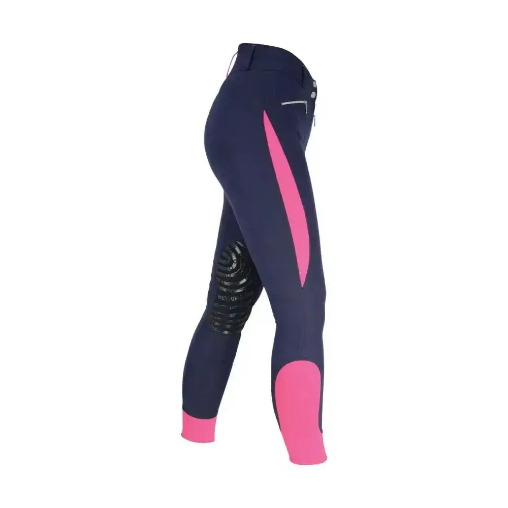 Navy blue hy equestrian sports active ladies breeches with vibrant pink side panels knee patches and cuff accents