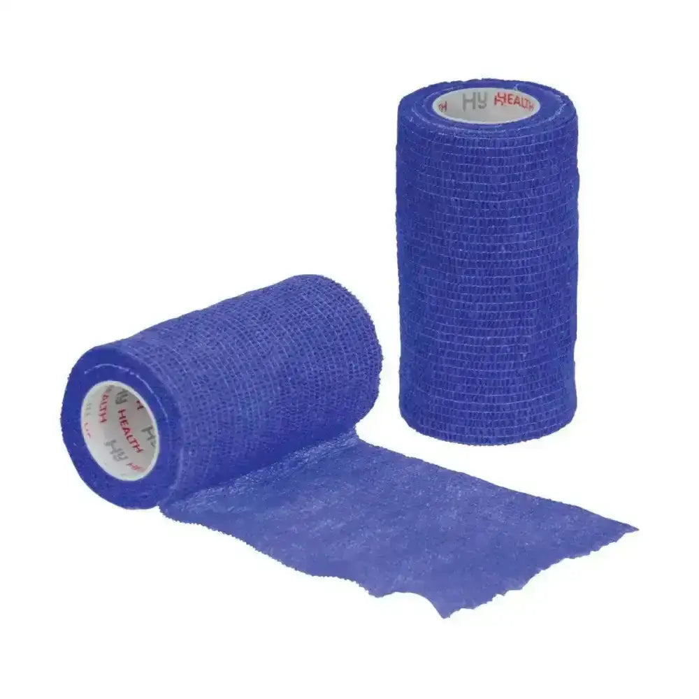 Blue textured elastic equestrian sportwrap flexible bandages rolls with hy health branding on the core