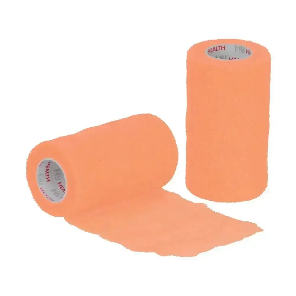 Bright orange equestrian sportwrap with flexible textured material and health branding on the core for support