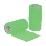Bright green hy equestrian sportwrap rolls with textured fabric surface and flexible white cardboard cores with red text