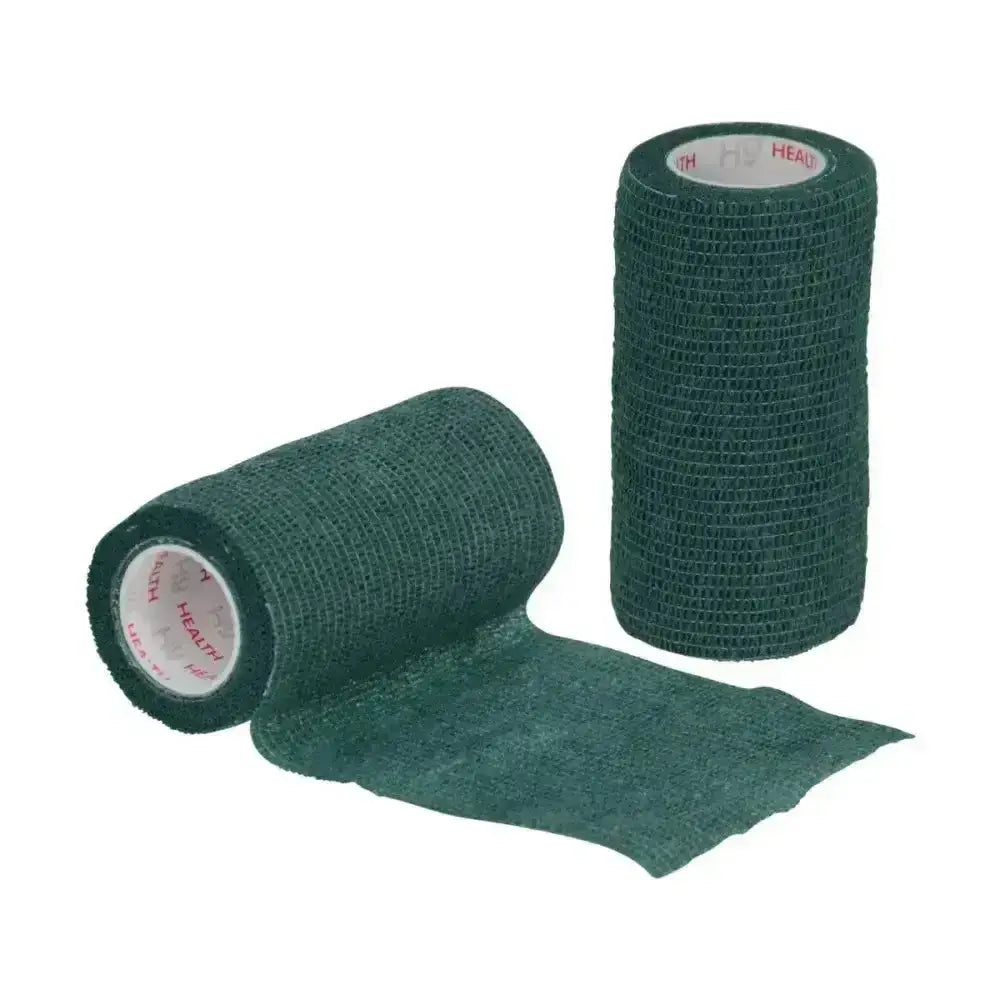 Dark green textured hy equestrian sportwrap flexible elastic bandages in two rolls with one partially unrolled