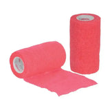 Bright pink textured Hy equestrian sportwrap rolls with health branded cores for flexible equestrian sportwrap use
