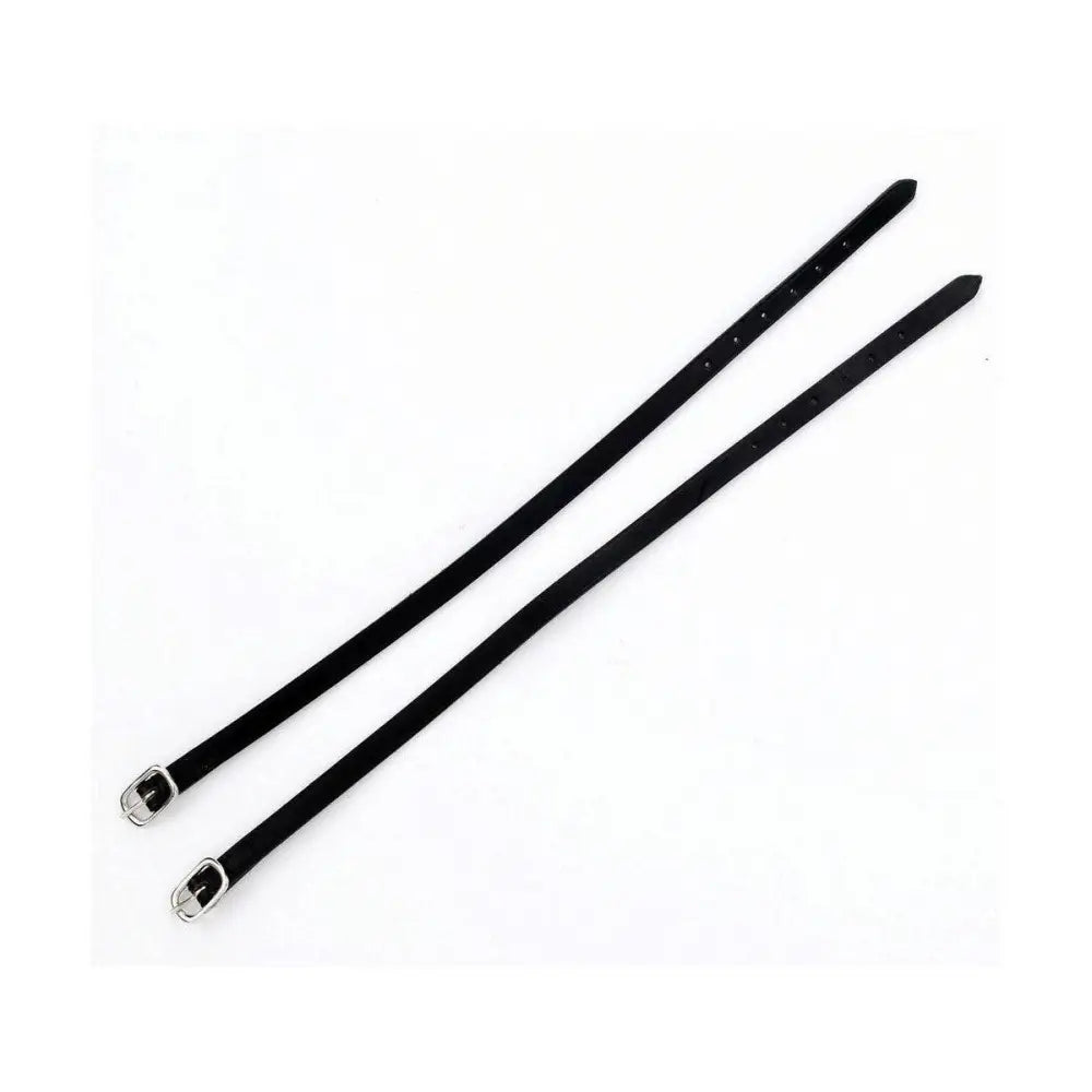 Black leather equestrian spur strap with silver buckle and evenly spaced holes for quality leather spur adjustment