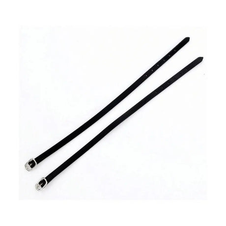 Black leather equestrian spur strap with silver buckle and evenly spaced holes for quality leather spur adjustment