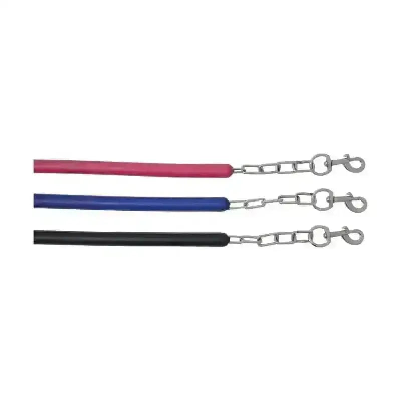 Three colored horse halters in pink blue and black with durable equestrian stable chain and quick release panic clip