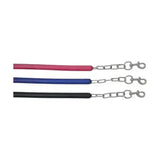 Three colored horse halters in pink blue and black with durable equestrian stable chain and quick release panic clip