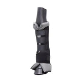 Black and gray padded hy equestrian stable protection boot with adjustable straps to wick moisture and protect legs