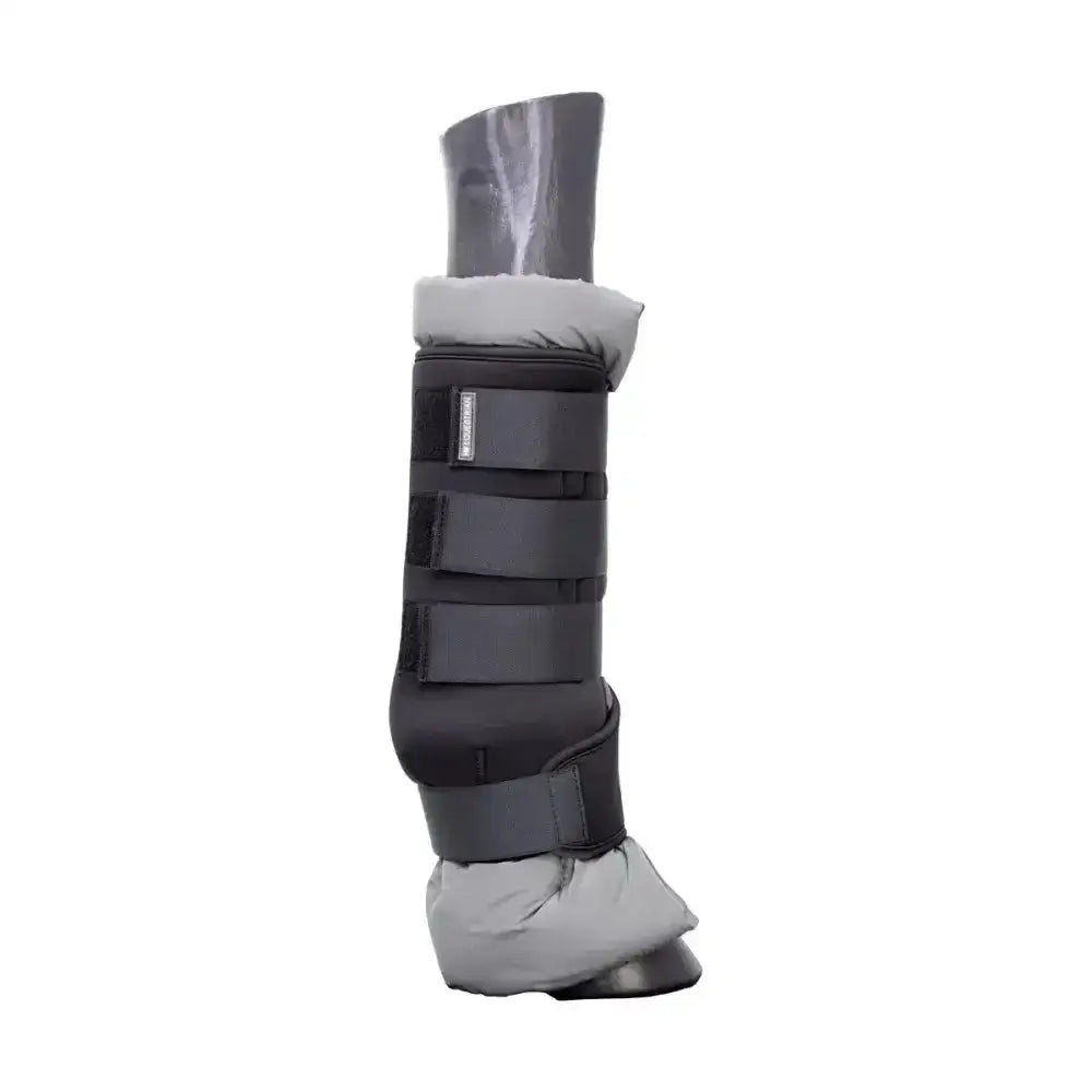 Black horse leg stable protection boot with gray fleece lining and adjustable straps for wick moisture control