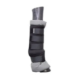 Black horse leg stable protection boot with gray fleece lining and adjustable straps for wick moisture control
